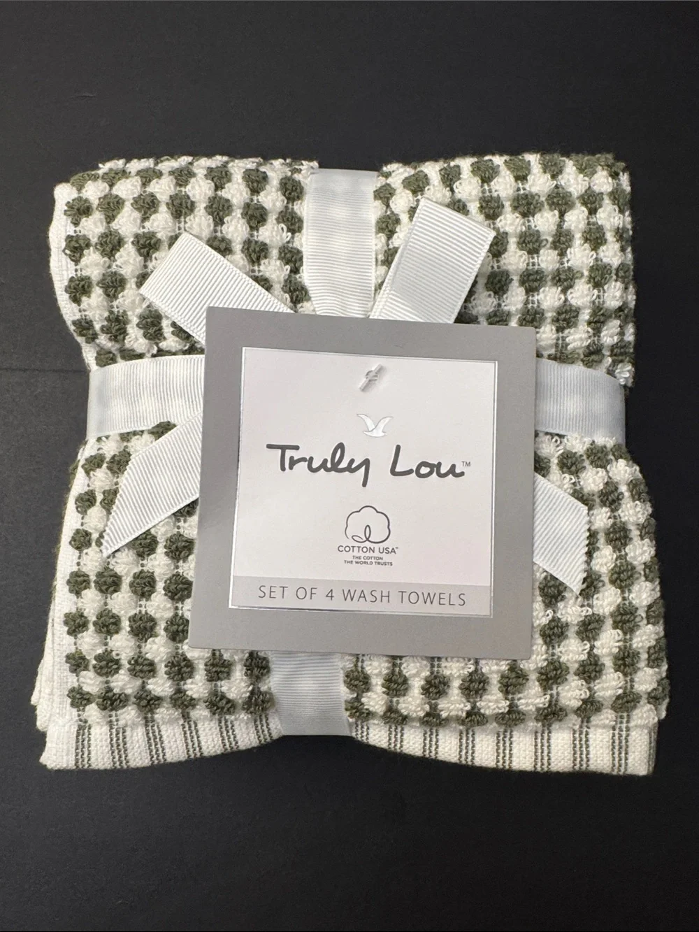 6pc TRULY LOU 100% Cotton Textured Bath Towel Set - Oil Green/White